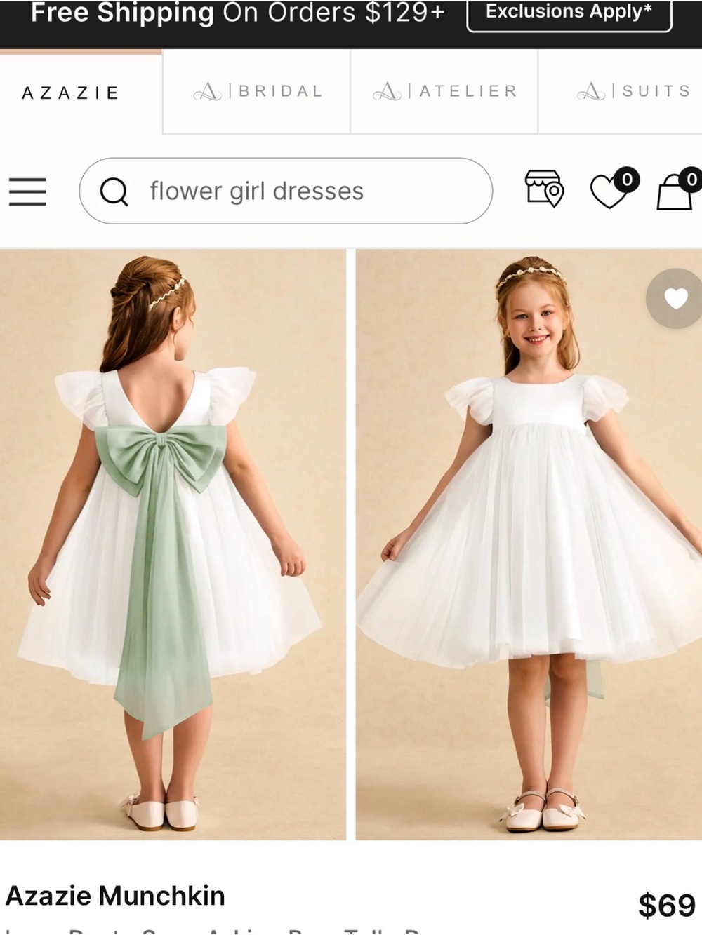 Azazie White Tulle Flower Girl Dress with Sage Bow